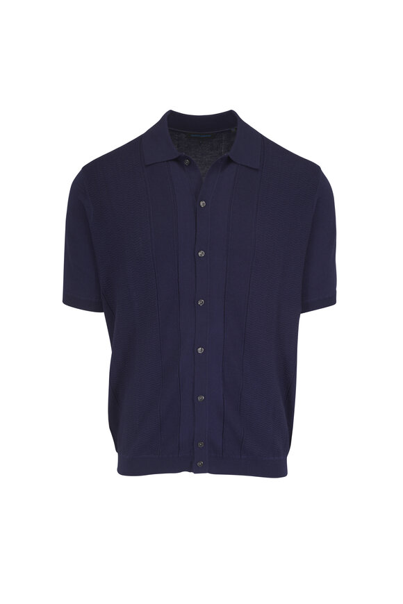 Patrick Assaraf Navy Textured Knit Button Down Shirt - view 1