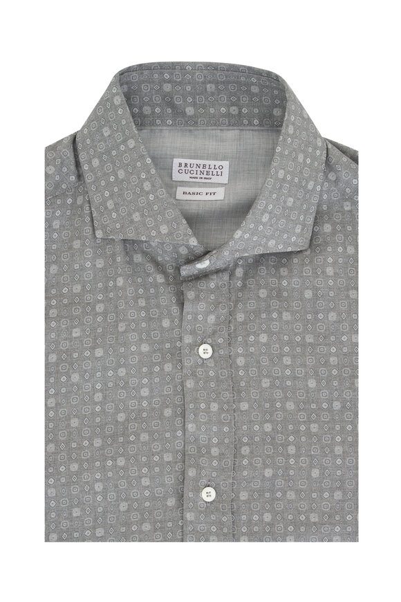 Brunello Cucinelli Gray Geometric Print Cotton Sport Shirt