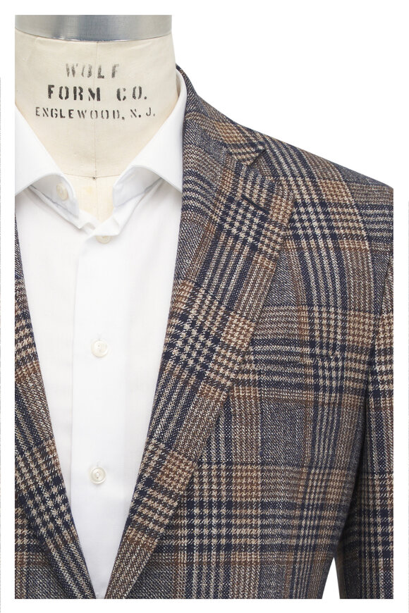 Atelier Munro Blue & Brown Plaid Wool, Cashmere & Silk Sportcoat