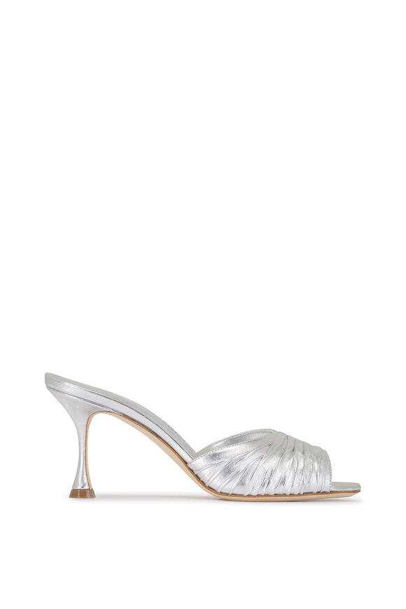 Manolo Blahnik Pirua Silver Ruched Leather Sandal, 70mm - view 3