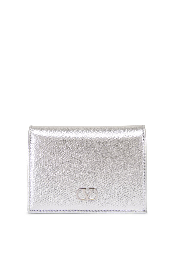 Valentino Garavani VLogo Silver Laminated Grainy Leather Flap Wallet