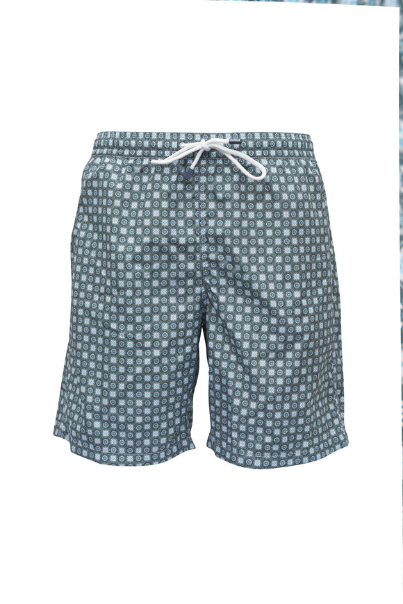 Fedeli Olive Medallion Print Swim Trunks