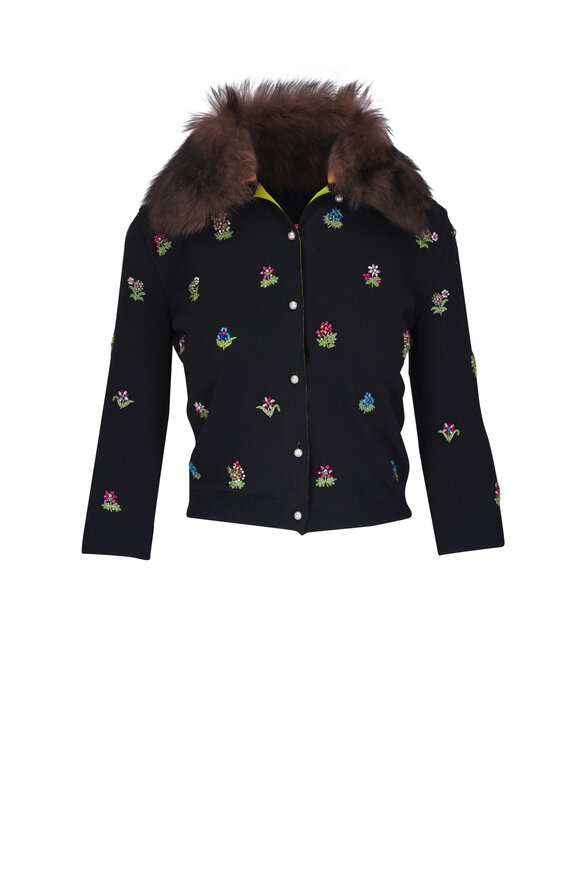 Valentino Black & Floral Crystal Embellished Cardigan