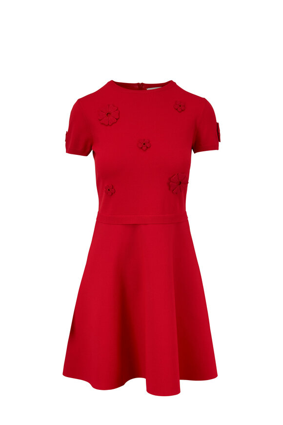 Valentino - Red Embroidered Daisy Stretch Knit Dress