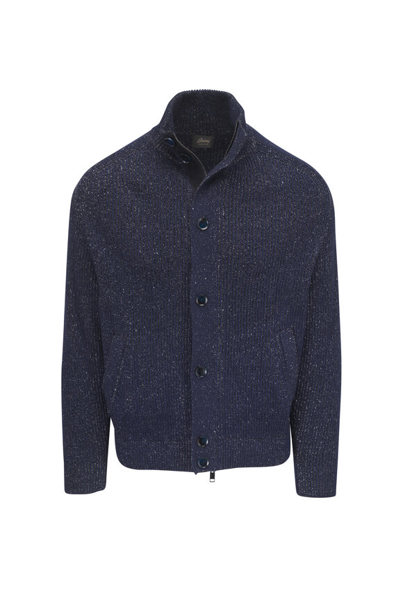 Brioni Navy & Black Mélange Cotton, Wool & Linen Cardigan