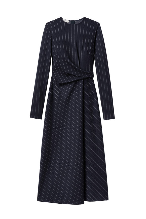 Lafayette 148 New York Navy Pinstripe Jersey Wool Gathered Waist Dress - view 1