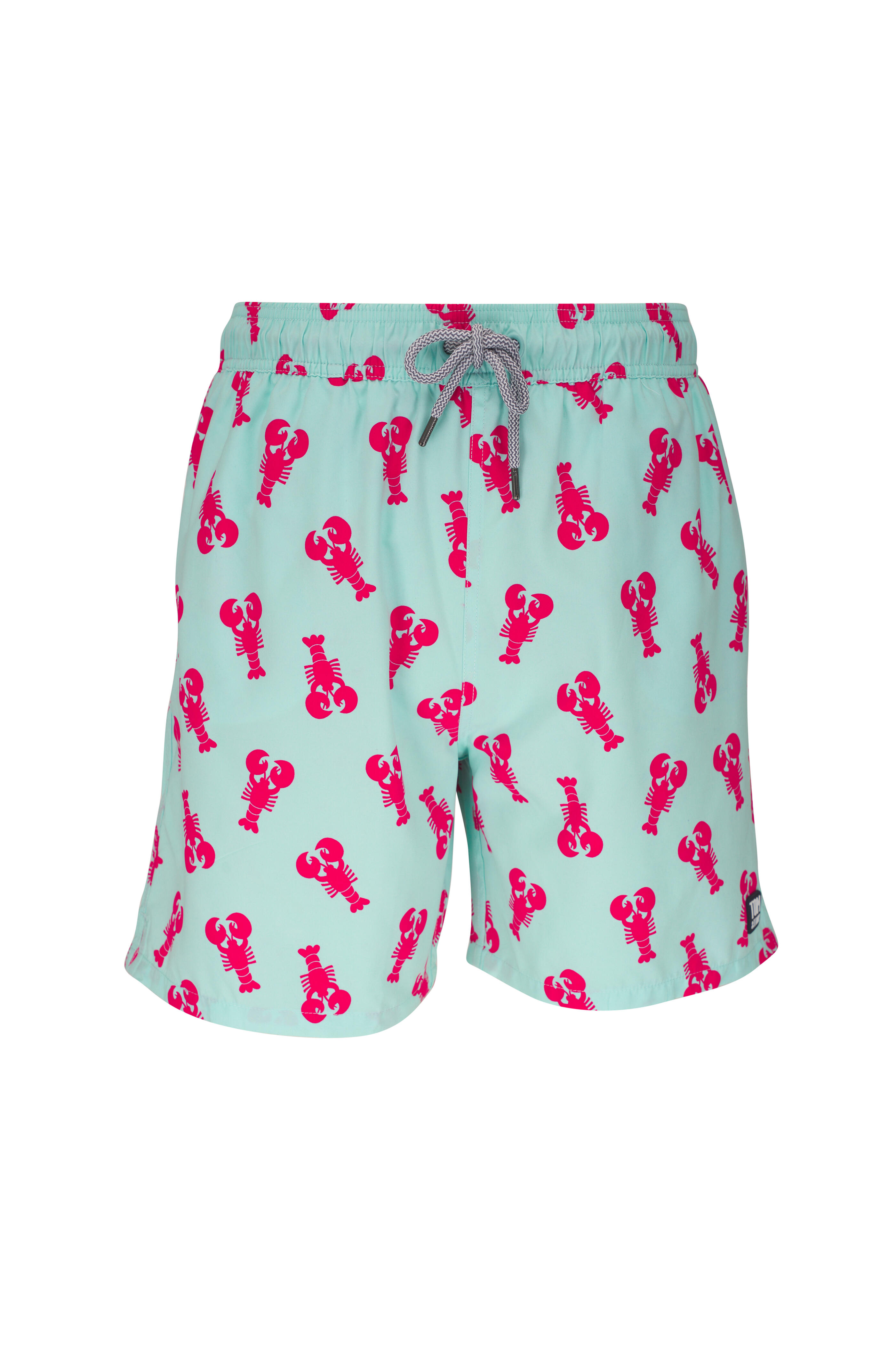 Tom & Teddy - Light Blue & Berry Lobster Print Swim Trunks