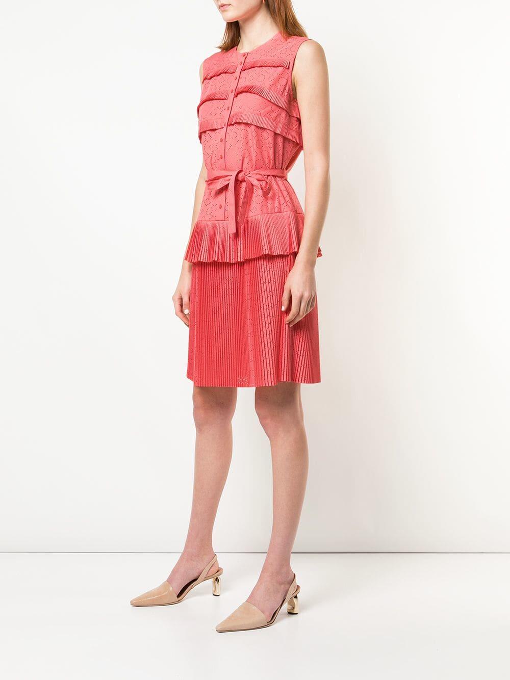 Paule Ka - Coral Eyelet Tiered Pleat Dress