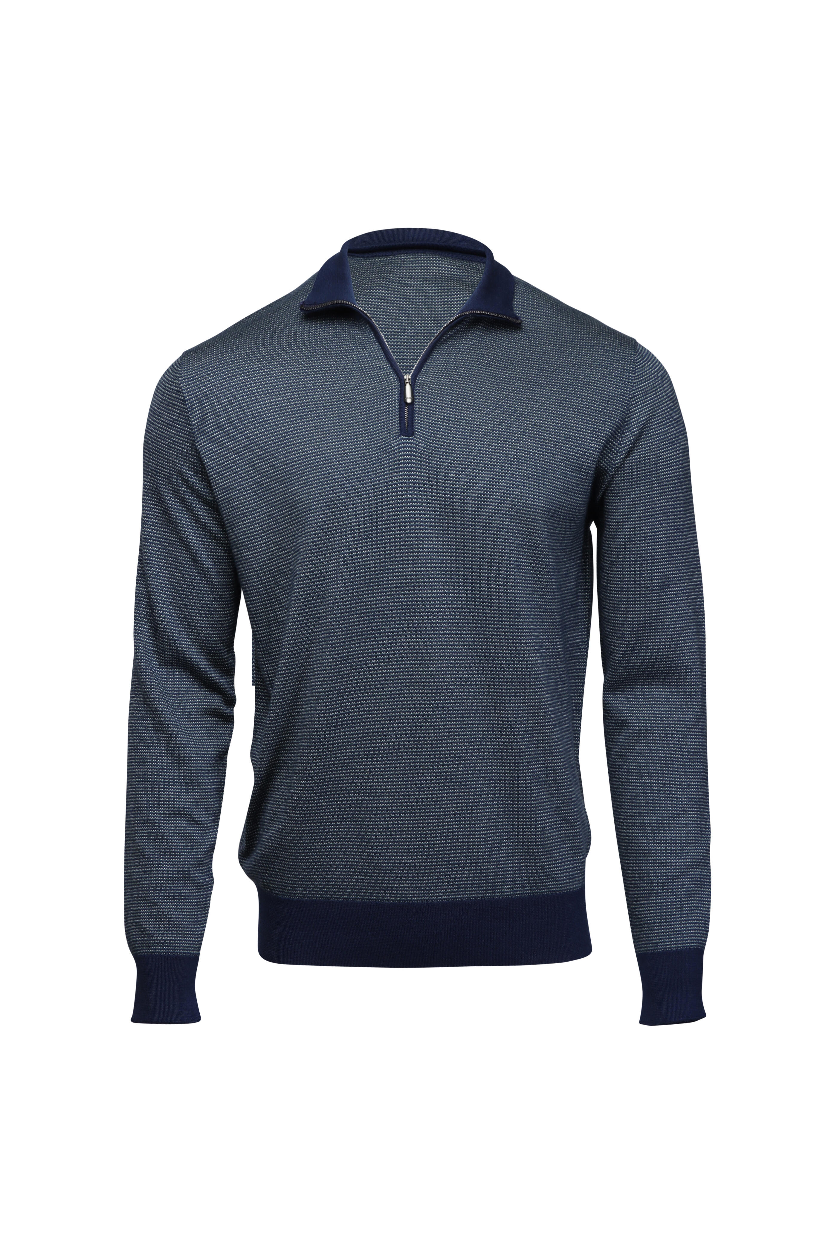 Cesare Attolini - Navy Blue & Green Micro Check Quarter Zip Pullover - view 1