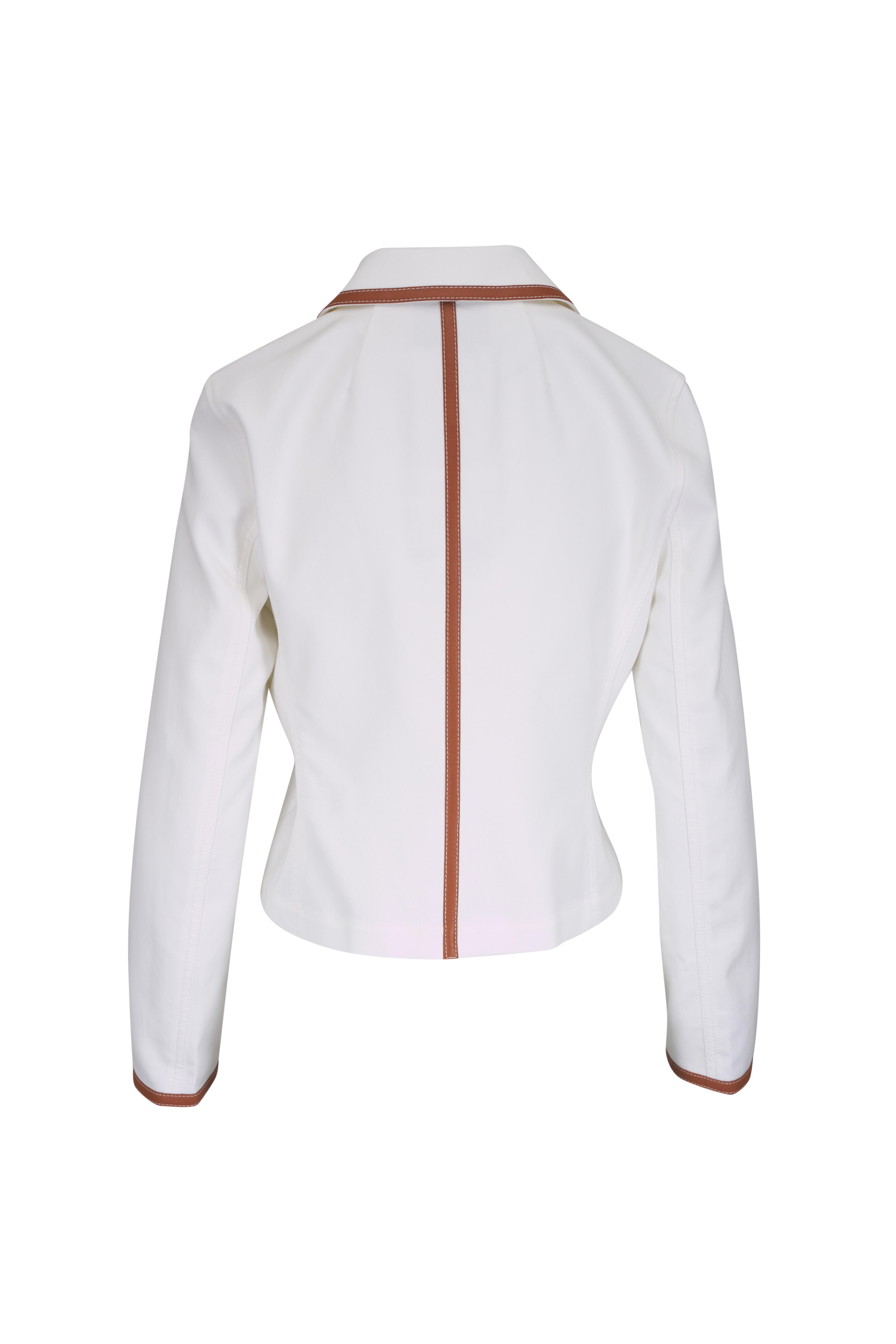 Lafayette 148 New York - White Cotton Twill Leather Trim Collared Jacket