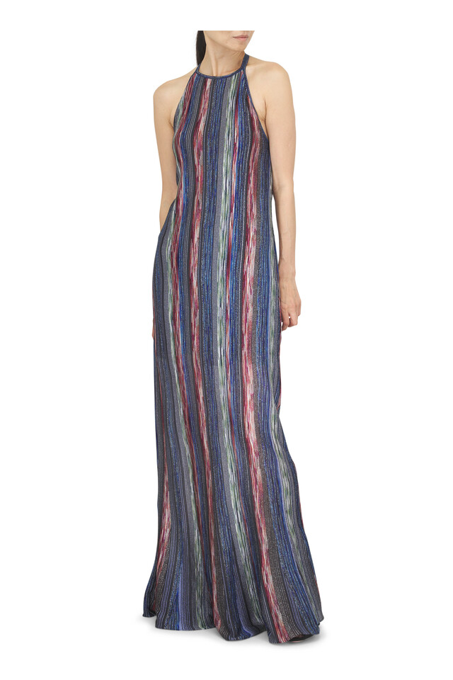 Designer outfit featuring Multicolor Stripe Halter Dress and Love Affair Black Mesh Sandal, 85mm