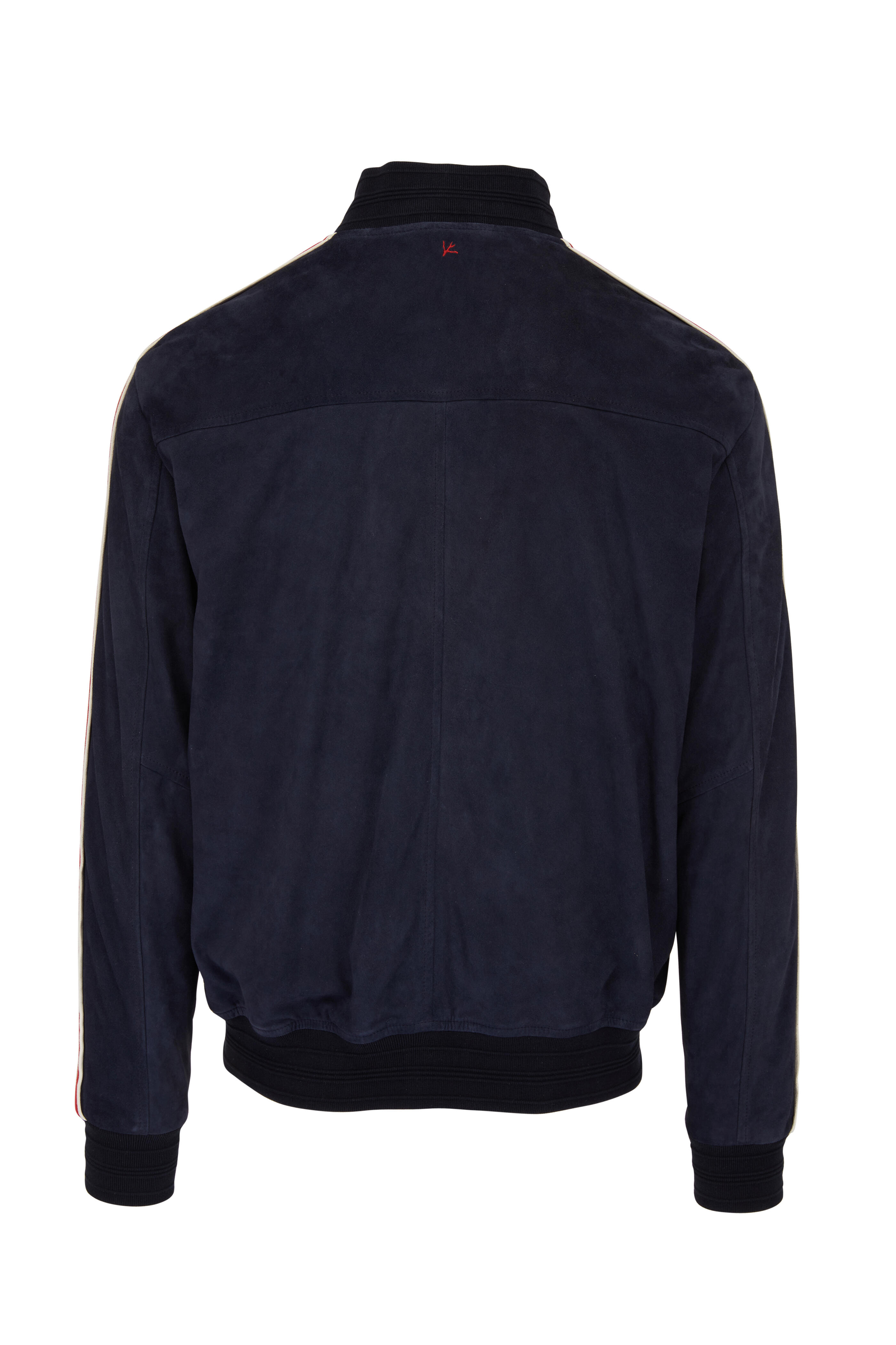Isaia - Navy & Red Stripe Suede Bomber Jacket | Mitchell Stores