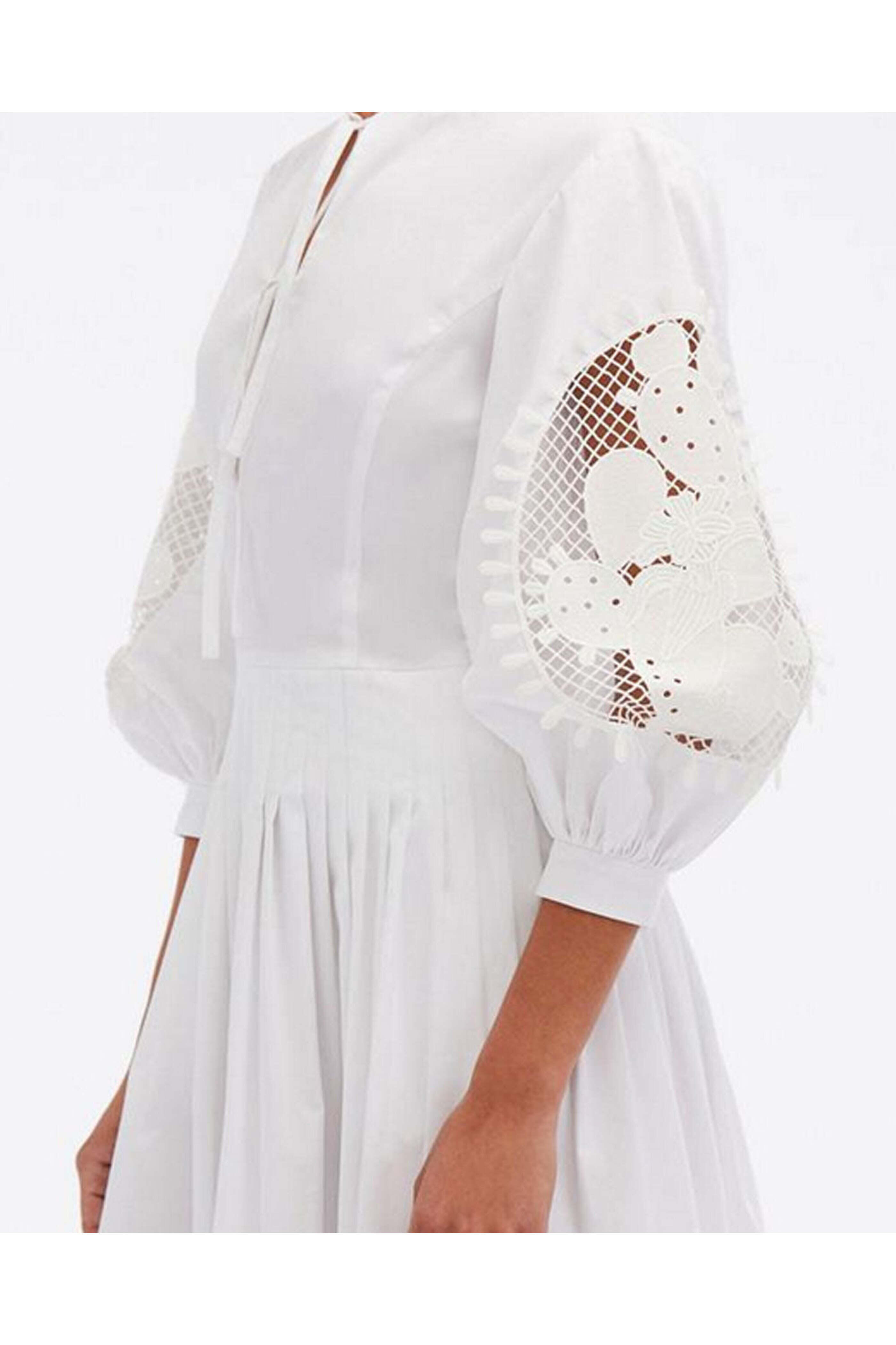 Oscar de la Renta - White Cactus Eyelet Balloon Sleeve Dress