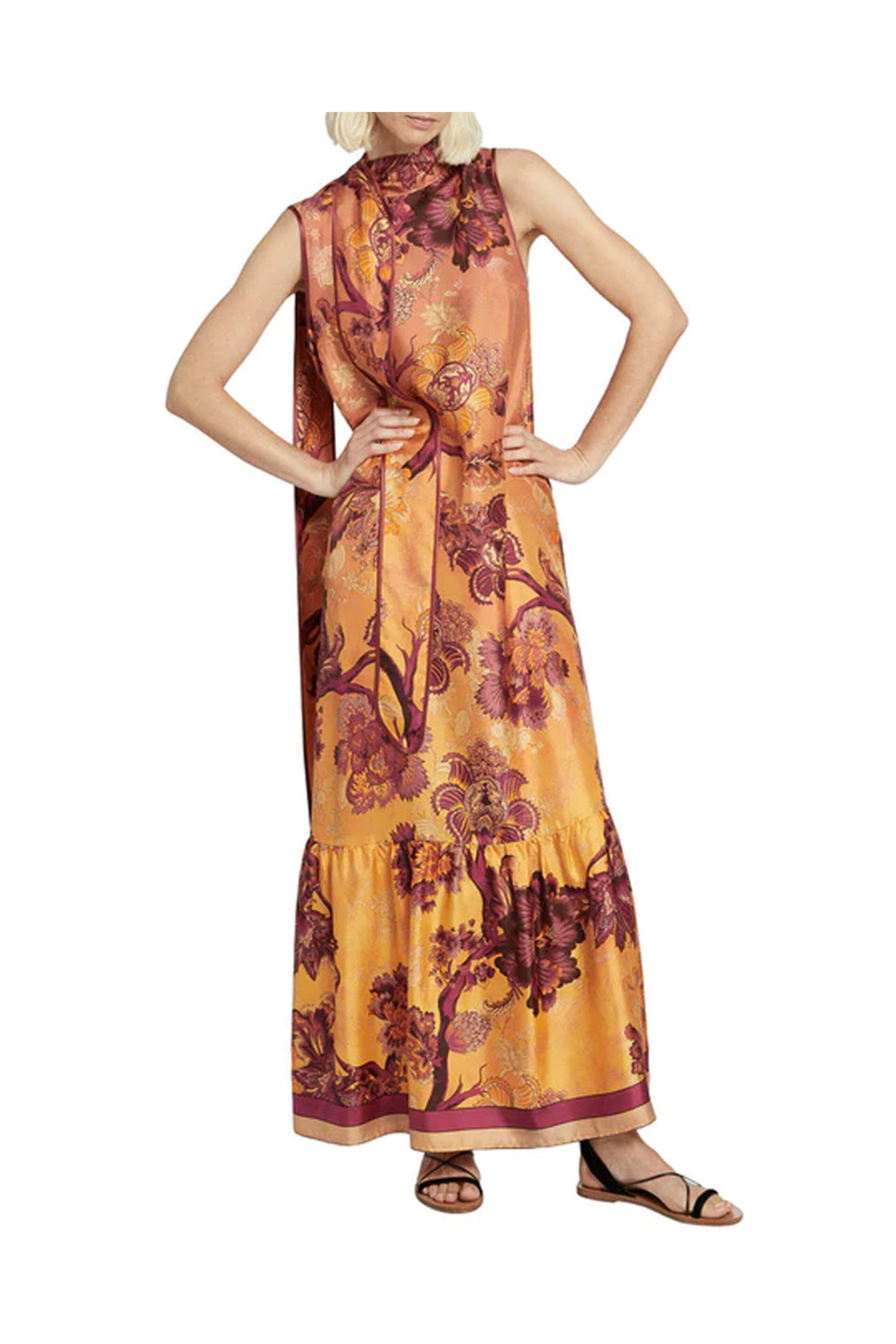 F.R.S. - Orange Flower Print Scarf Neck Edilogo Dress