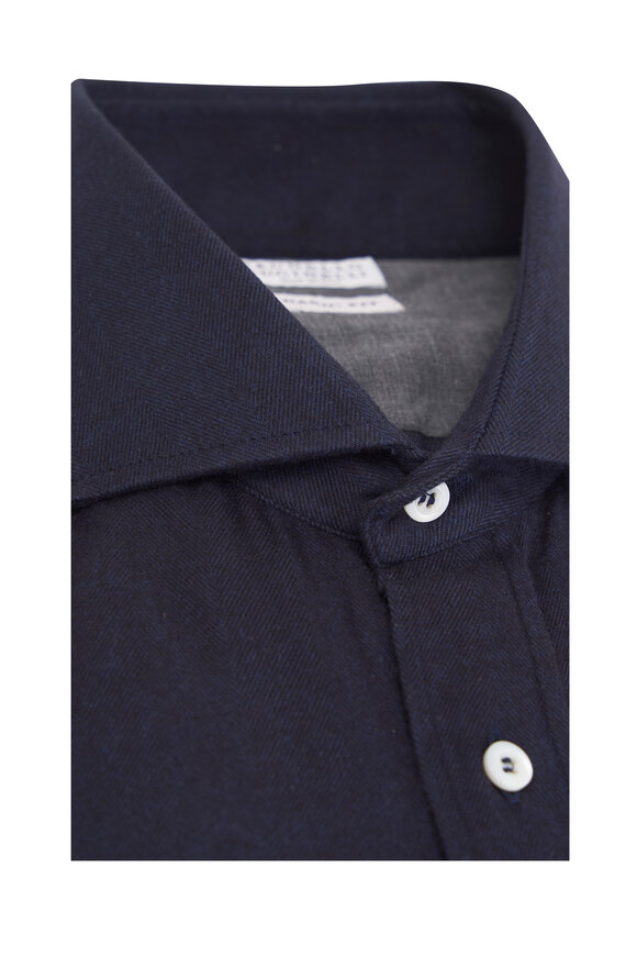 Brunello Cucinelli Navy Chevron Flannel Sport Shirt - view 2
