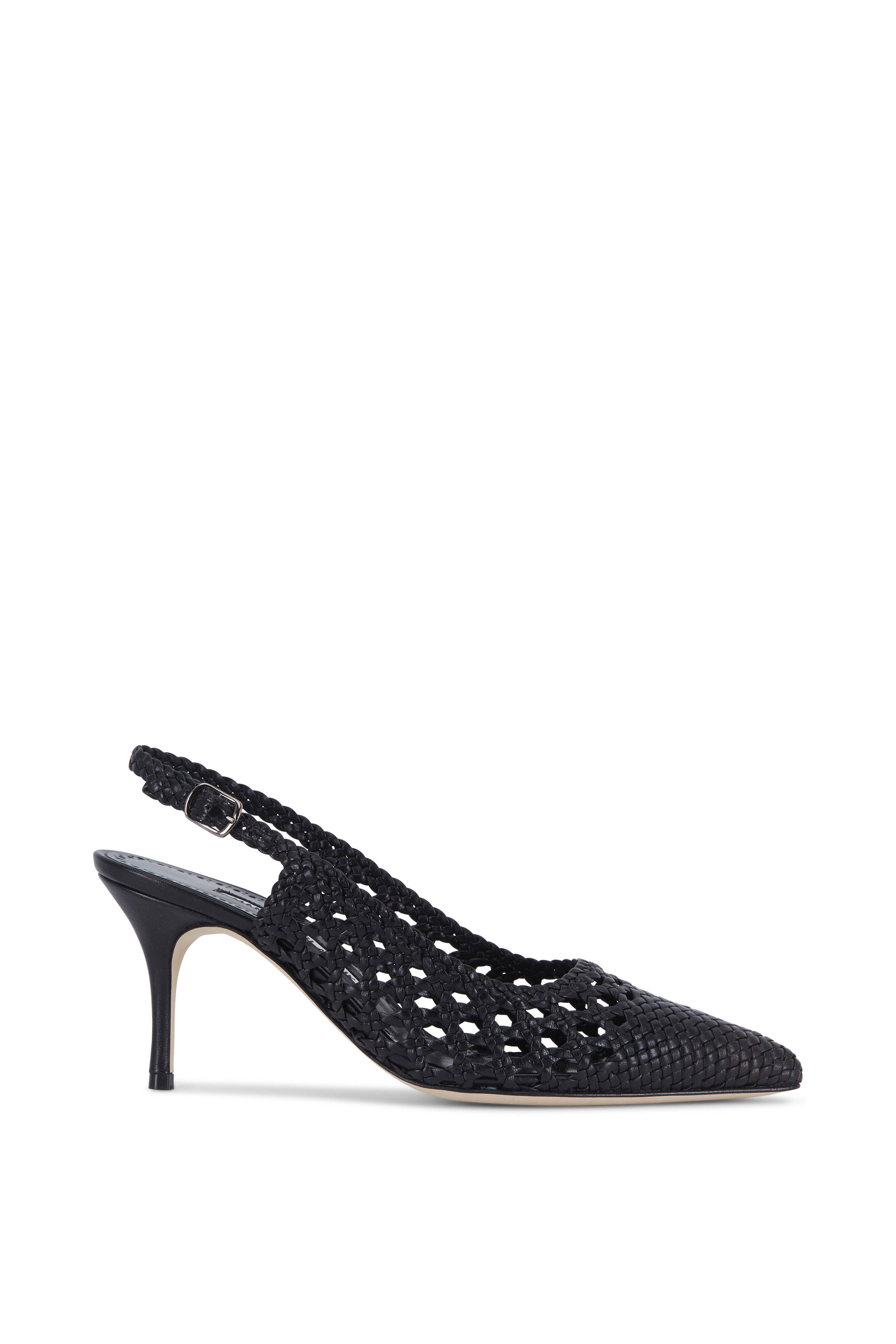 Manolo Blahnik - Baskewusli Black Woven Leather Slingback, 70mm