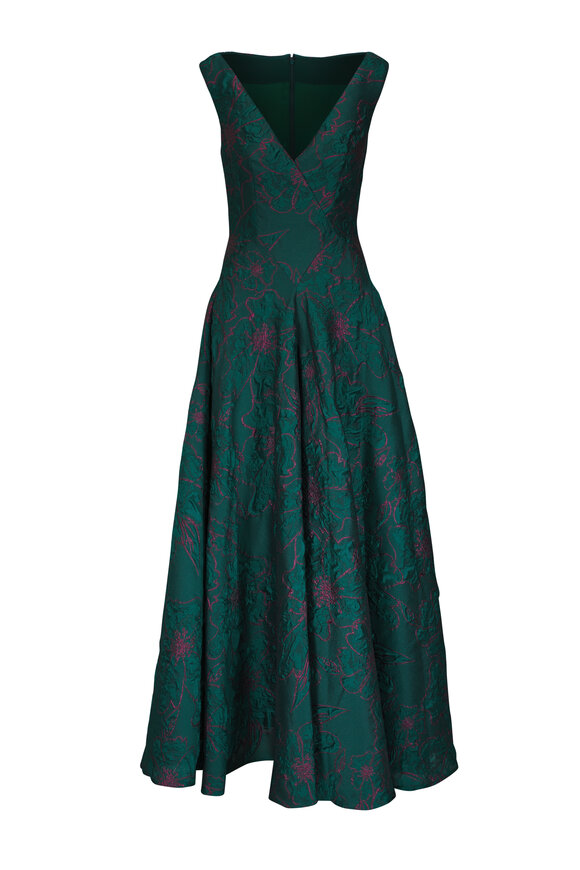 Talbot Runhof Cypress & Maroon Embroidered Deep V-Neck Gown