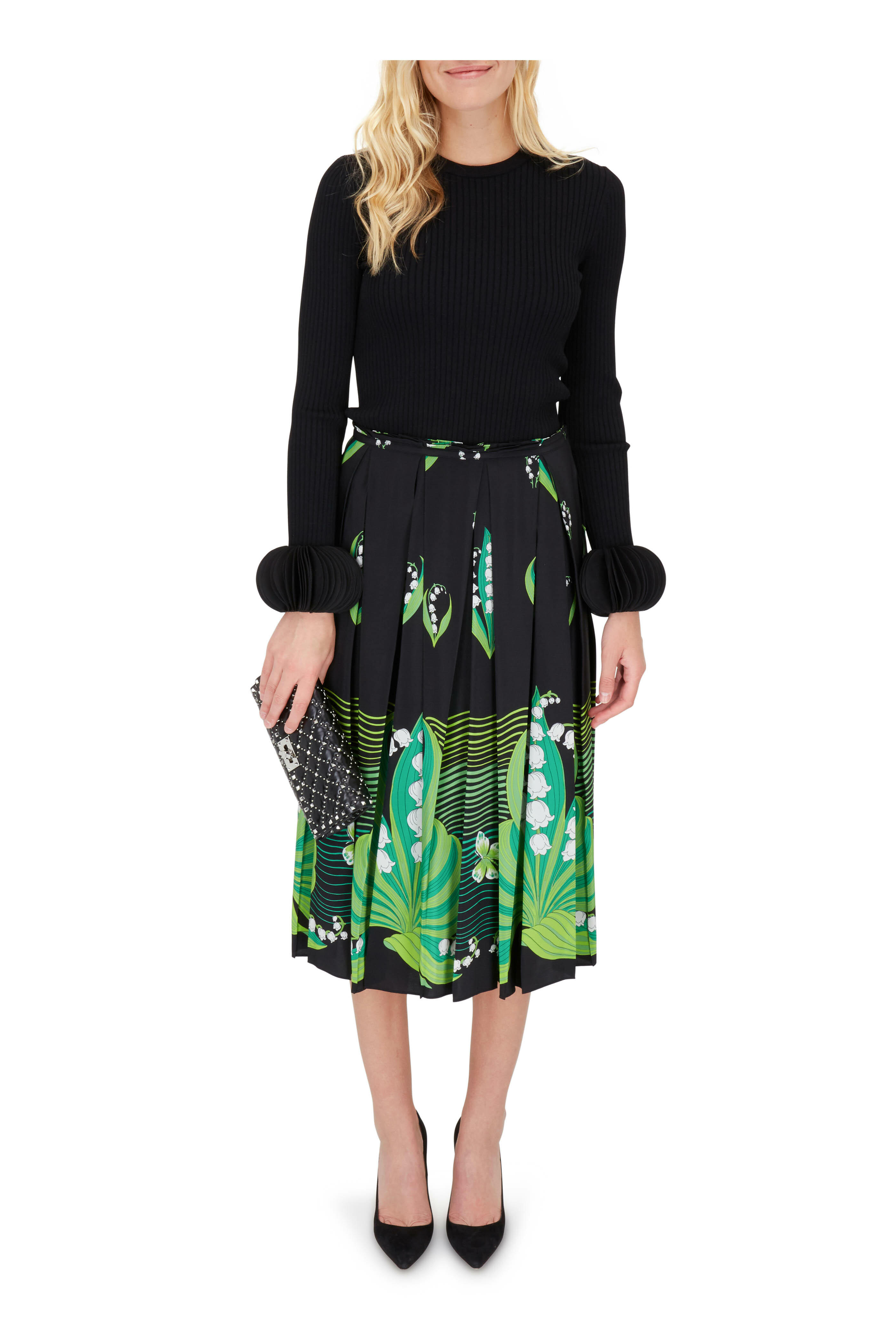 Valentino - Black Stretch Viscose Pagine Embroidered Cuff Top