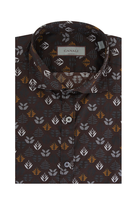 Canali - Brown Leaf Printed Cotton Sport Shirt 