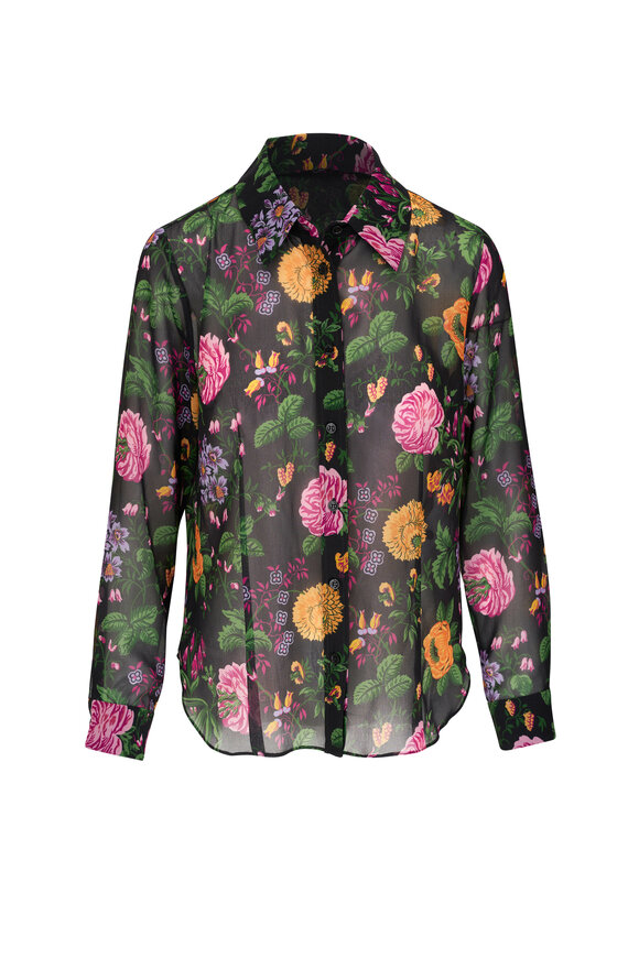 Carolina Herrera - Black Multi Floral Print Silk Blouse 