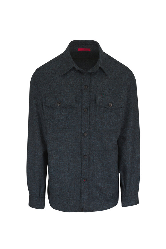 Isaia Teal Blue Boucle Overshirt - view 1