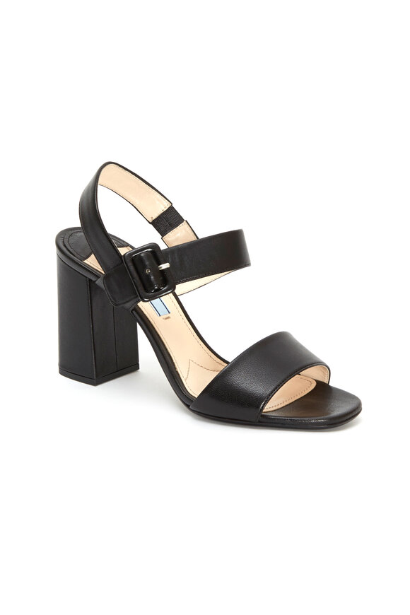 Prada - Black Leather Two Strap Block Heel Sandals