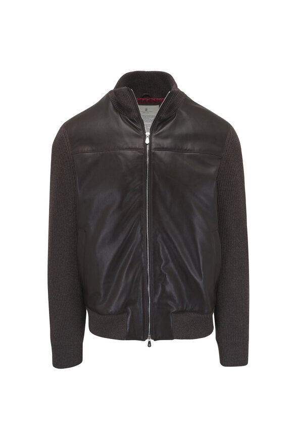 Brunello Cucinelli Chocolate Leather & Cashmere Full Zip Jacket