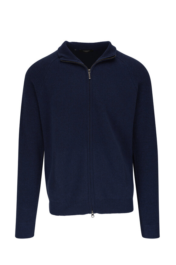 Kinross - Navy Double Faced Cashmere Full Zip Cardigan 