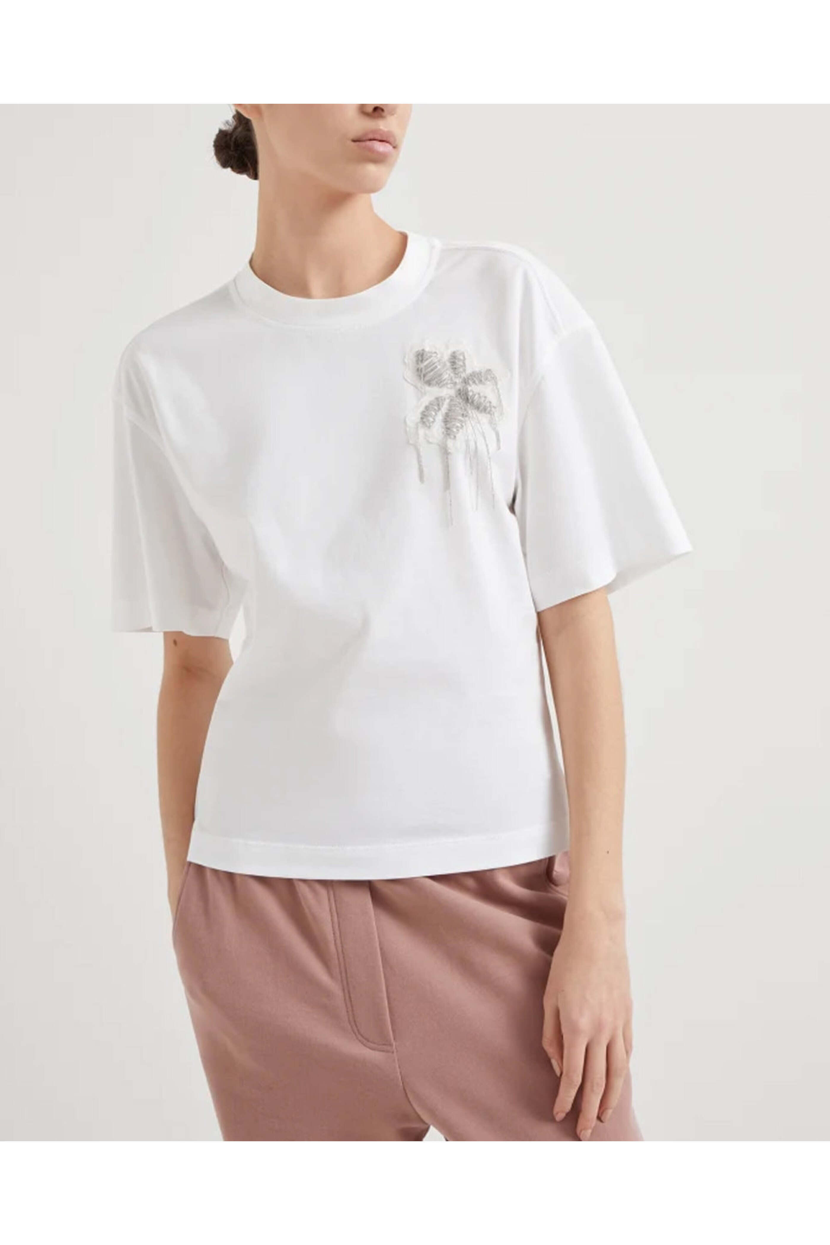 Brunello Cucinelli - White Jersey Monili Flower Embellished T-Shirt
