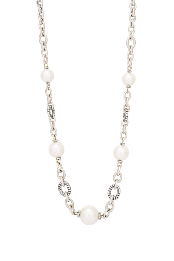 Mariani 18k White Gold Diamond & Pearl Rolo Necklace