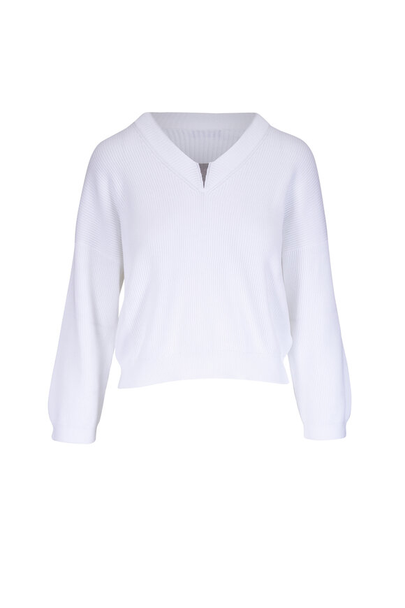 Brunello Cucinelli White Cotton Monili V-Neck Sweater