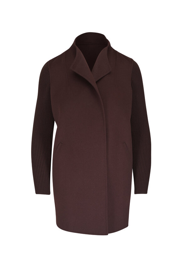 Kinross Chocolate Wool & Cashmere Rib Sleeve Coat - view 1