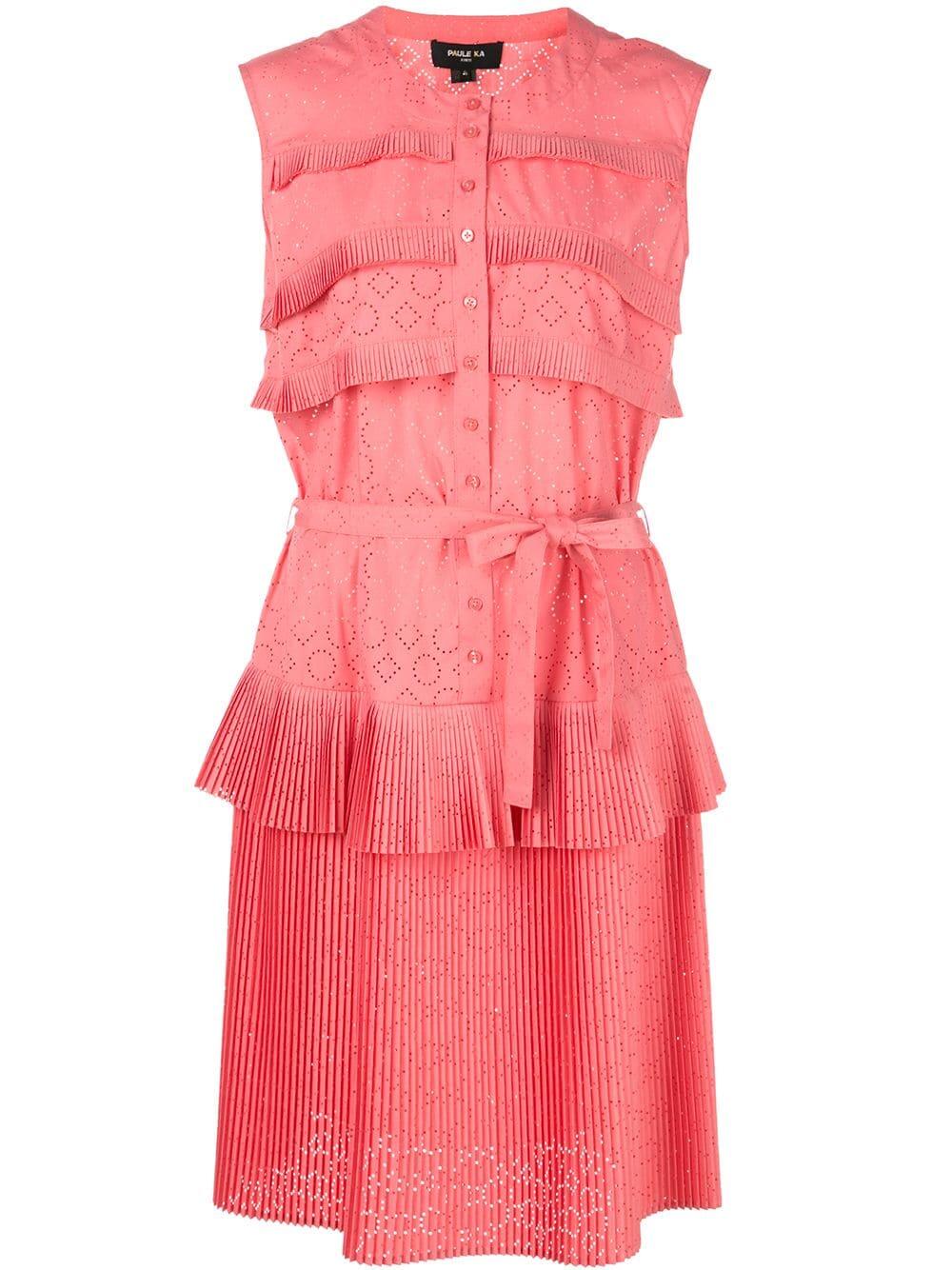 Paule Ka - Coral Eyelet Tiered Pleat Dress