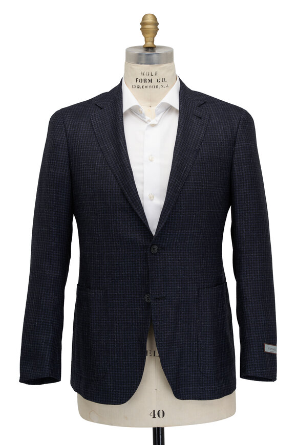 Canali - Navy Houndstooth Wool, Silk & Linen Sportcoat