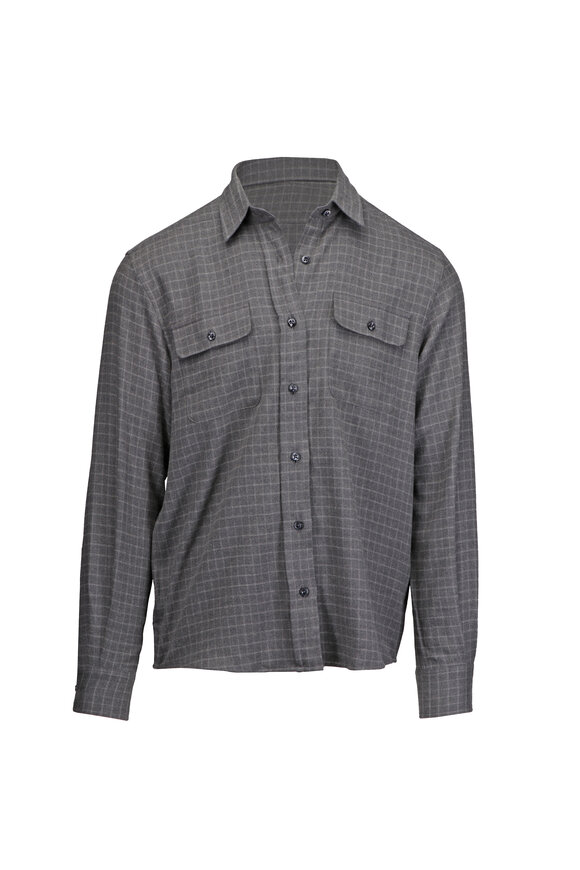 Ralph Lauren Purple Label Tattersall Medium Gray Melange Flannel Shirt - view 1
