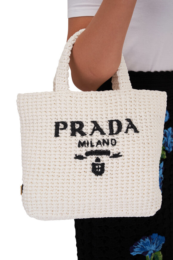 Prada - Small White Raffia Crochet Tote Bag