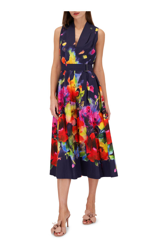 Lela Rose - Margot Watercolor Navy Floral Poplin Dress 