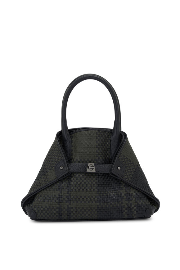 Akris Small Ai Olive & Black Woven Leather Plaid Tote