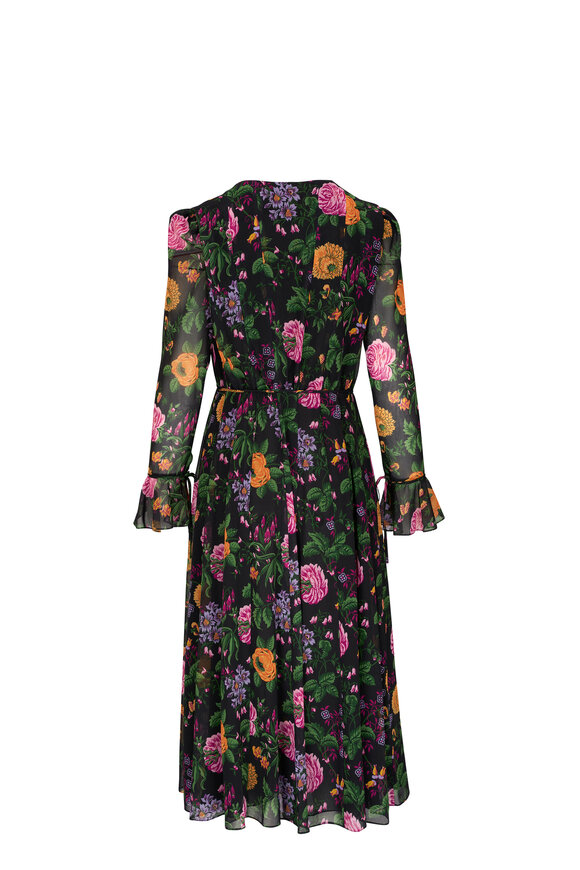 Carolina Herrera - Black Multi Floral Plunging V-Neck Midi Dress