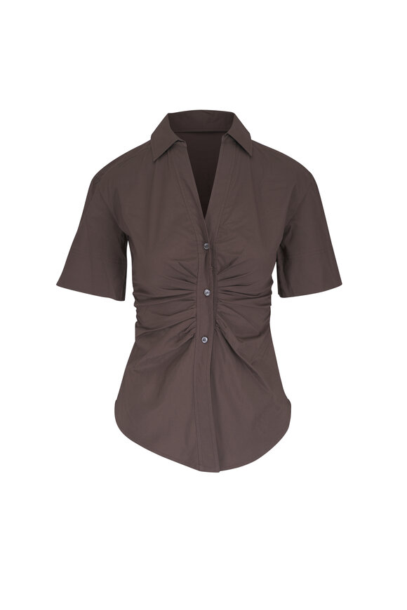 Veronica Beard Devra Mocha Stretch Cotton Ruched Poplin Top