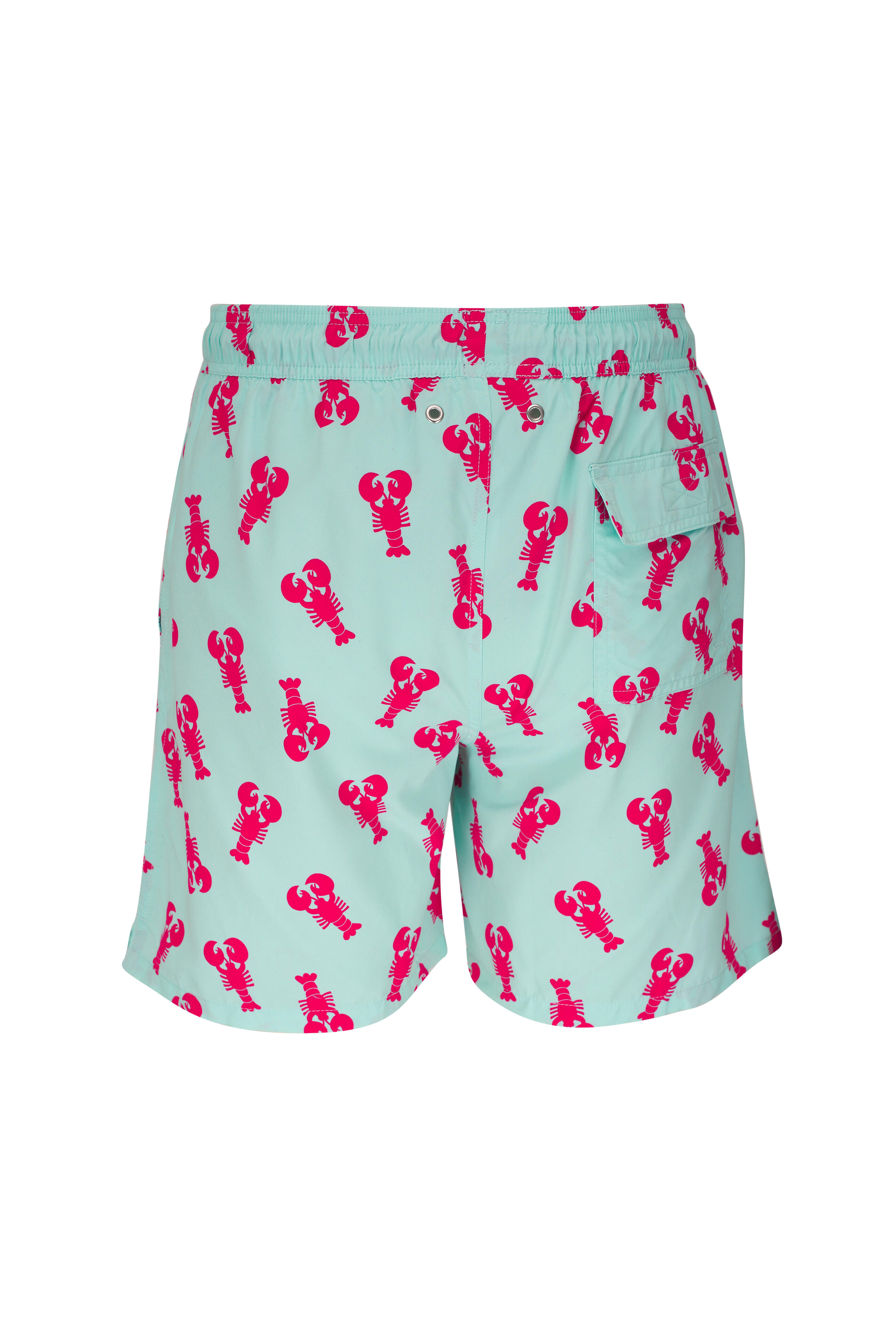 Tom & Teddy - Light Blue & Berry Lobster Print Swim Trunks