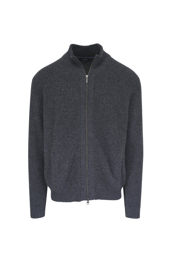 Kinross Charcoal Grey Cashmere Rib Full Zip Sweater - view 1