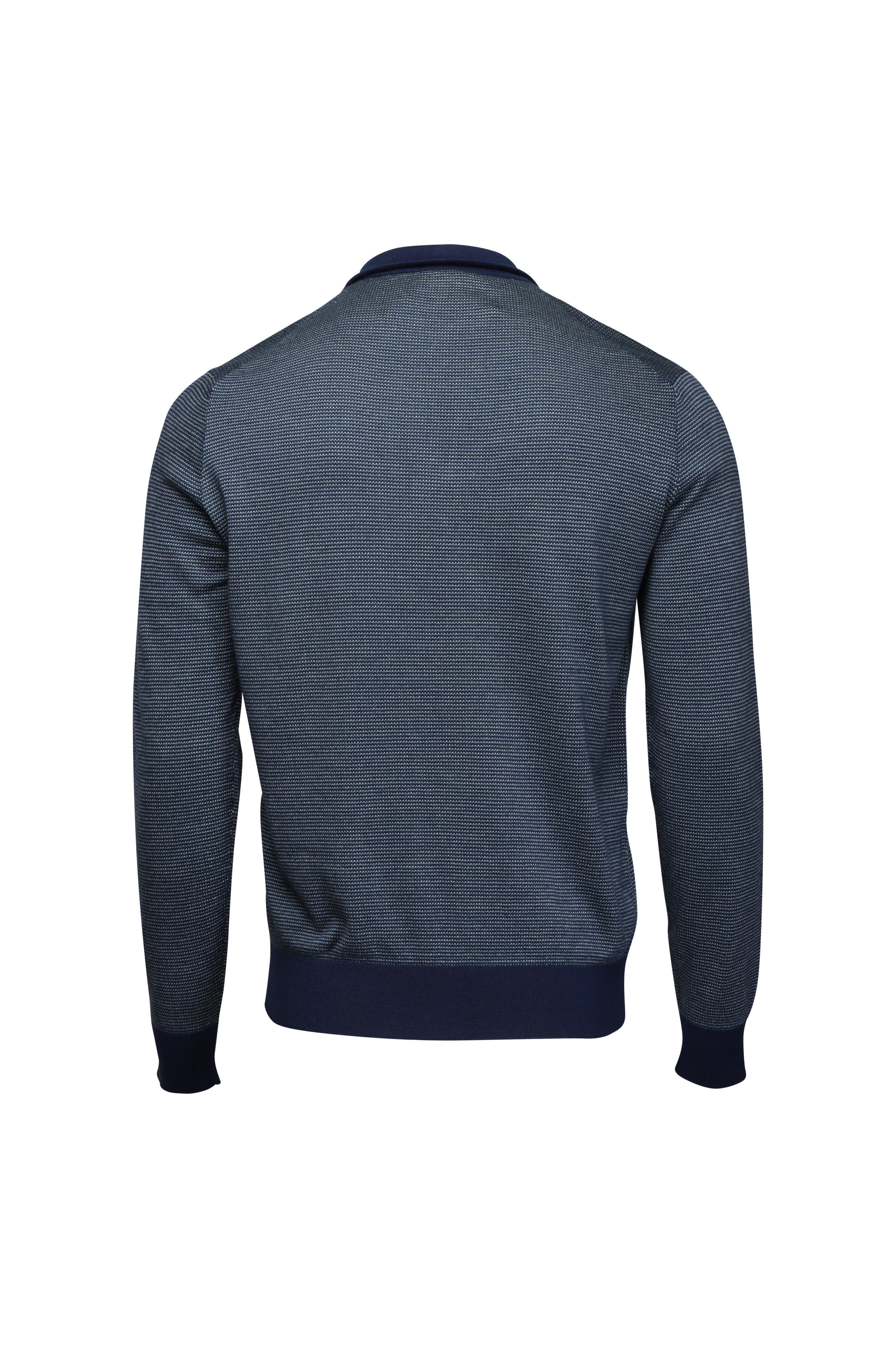 Cesare Attolini - Navy Blue & Green Micro Check Quarter Zip Pullover - view 2