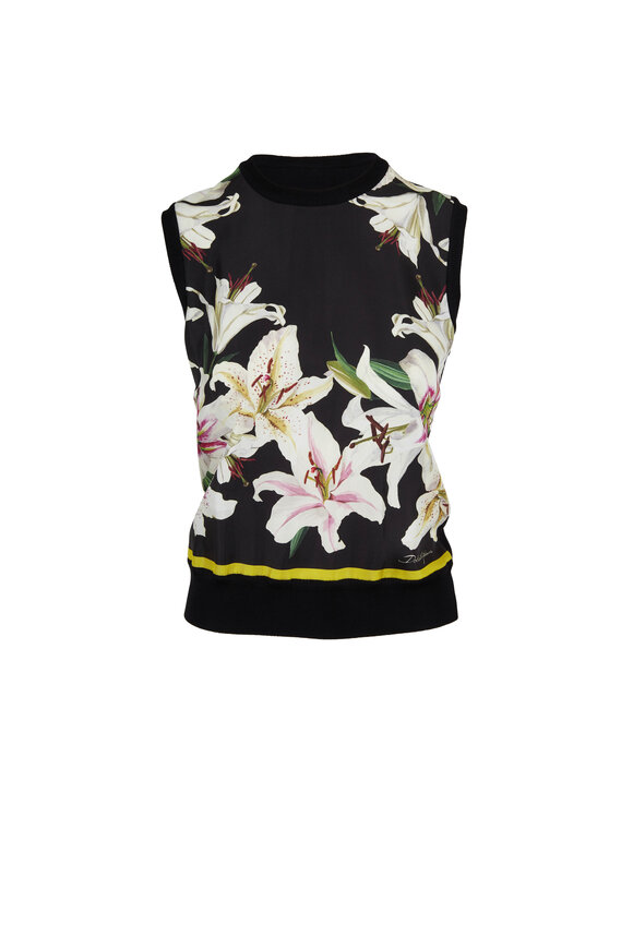 Dolce & Gabbana - Black & White Lily Print Silk Shell