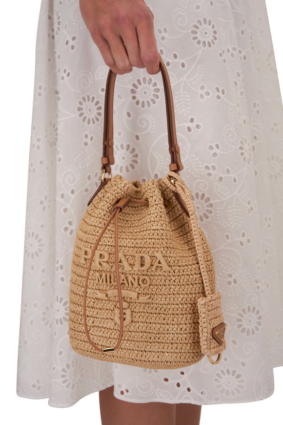 Prada - Natural Raffia Crochet & Brown Leather Bucket Bag