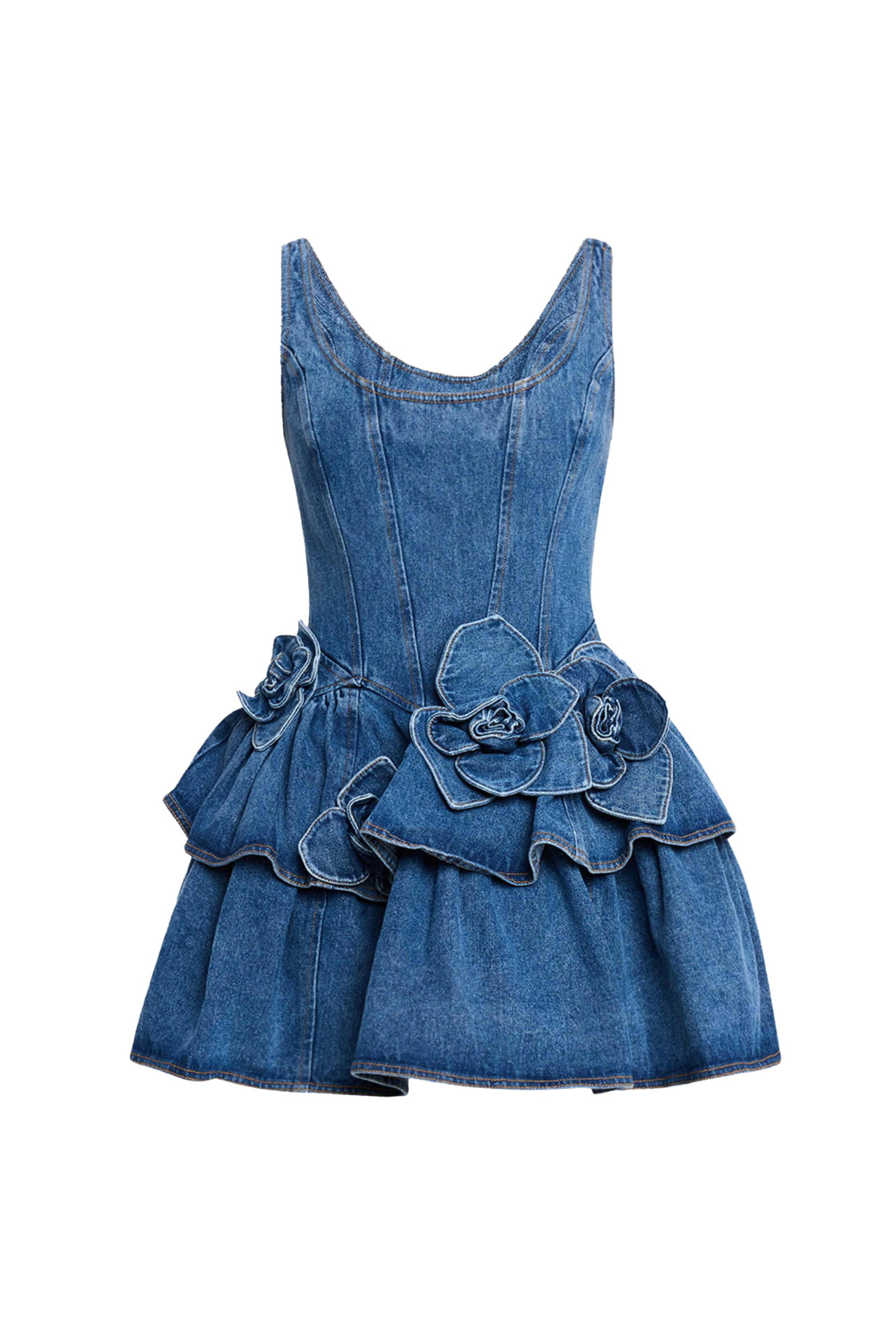 Aknvas - Devyn Denim Ruffle Mini Dress in Saxe Blue