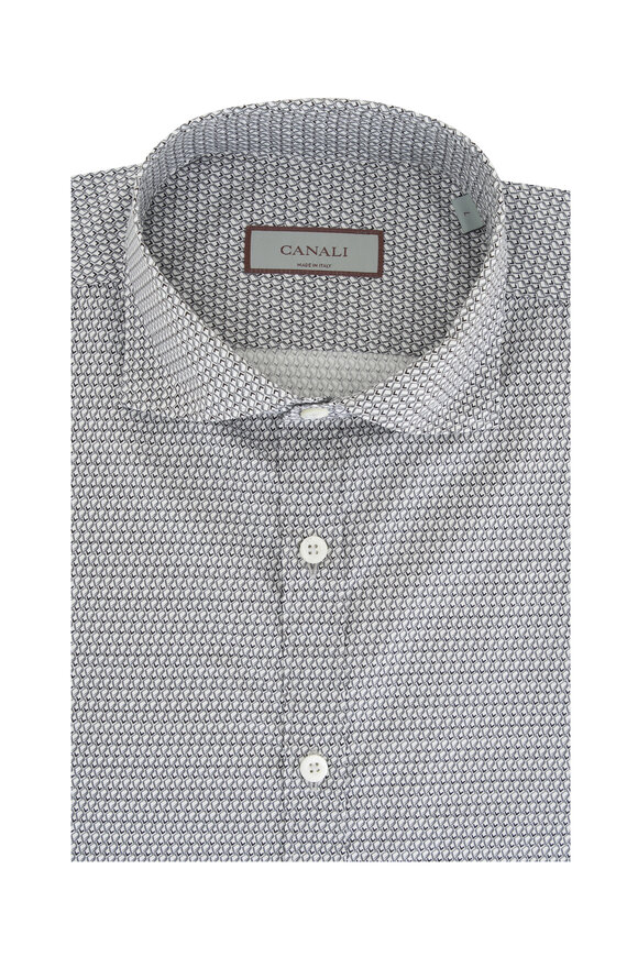 Canali - Navy & White Geometric Print Cotton Sport Shirt 