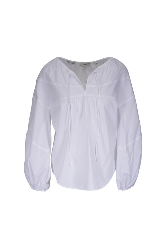 Vince Optic White Shirred Cotton Tie Neck Blouse