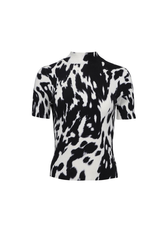 Oscar de la Renta Ecru & Black Cowhide Print Mockneck Pullover