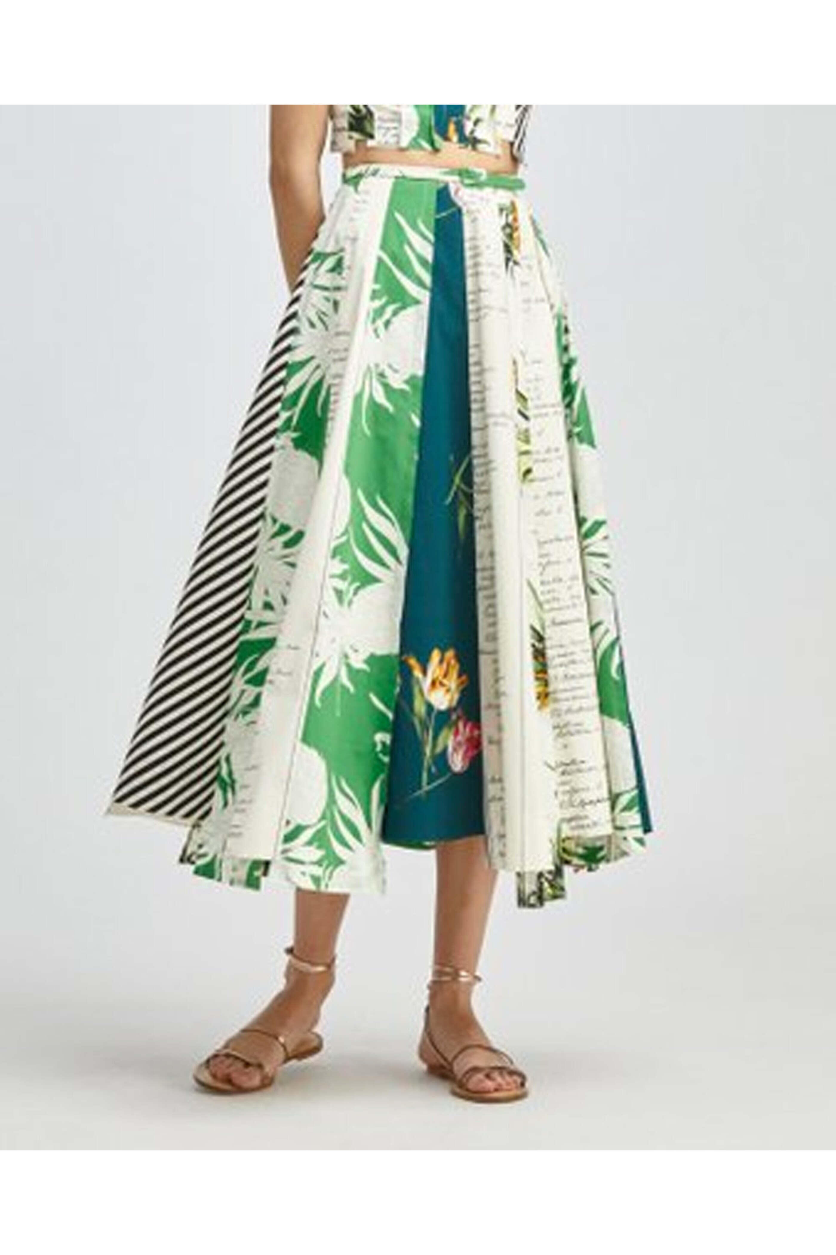 Oscar de la Renta - Kelly Green and Ivory Printed Paneled Midi Skirt